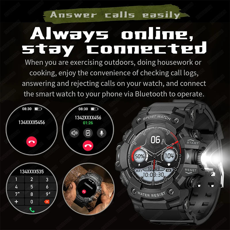 Relógio inteligente esportivo robusto 2025 com Bluetooth, chamadas, relógio inteligente militar à prova d'água e colorido com lanterna SOS COMPASS para telefone