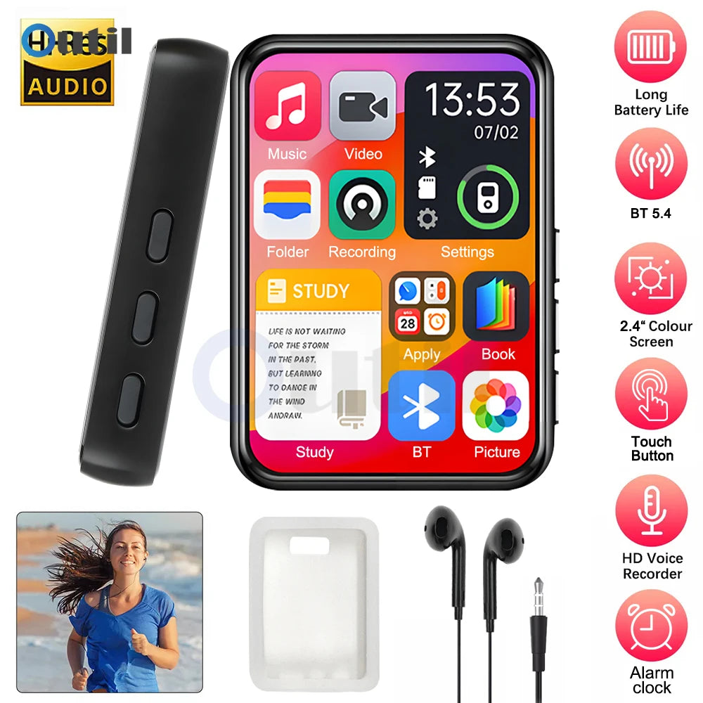 2025 Novo Bluetooth 5.4 Tela sensível ao toque MP3 Player HiFi Lossless Music Play Alto-falante integrado 32 GB Suporte para gravação de e-book