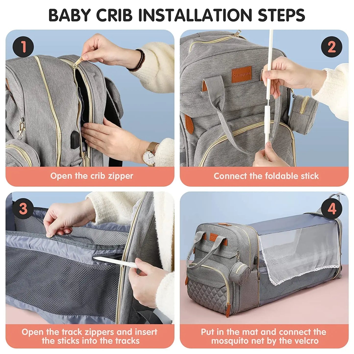 Mochila para fraldas 3 em 1, dobrável, para berço de bebê, à prova d'água, com carregador USB, mochila para fraldas e trocador, 3 tipos
