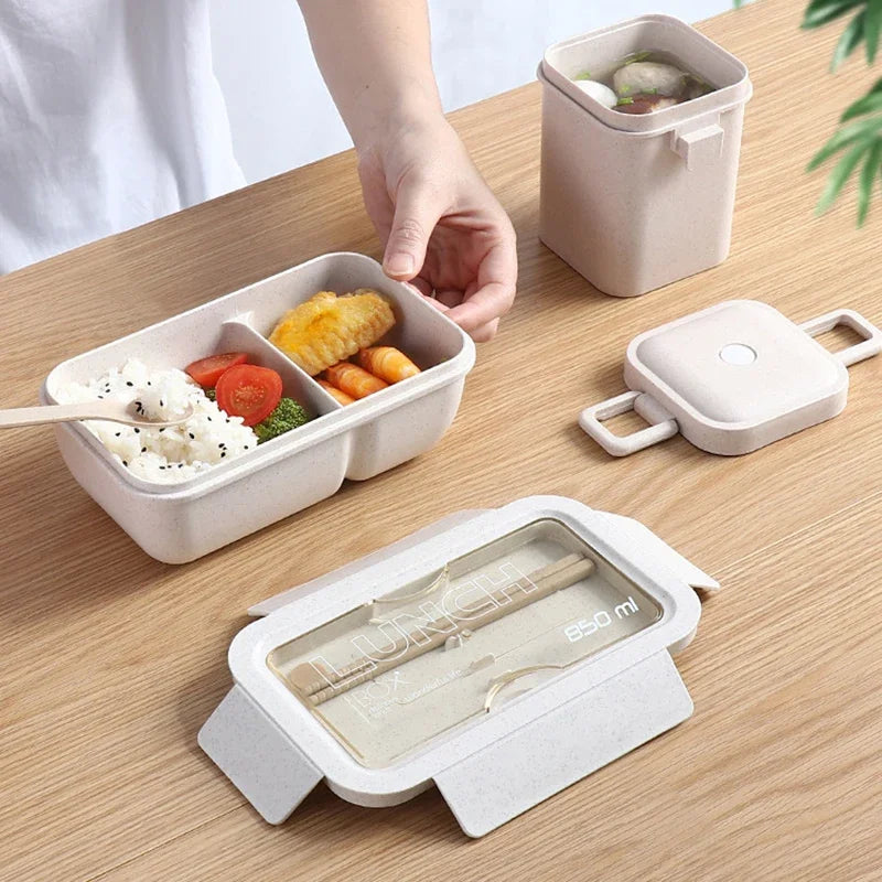 1 peça de lancheira de palha de trigo saudável sem BPA, lancheira bento para micro-ondas, louças, recipiente para armazenamento de alimentos, lancheira para crianças