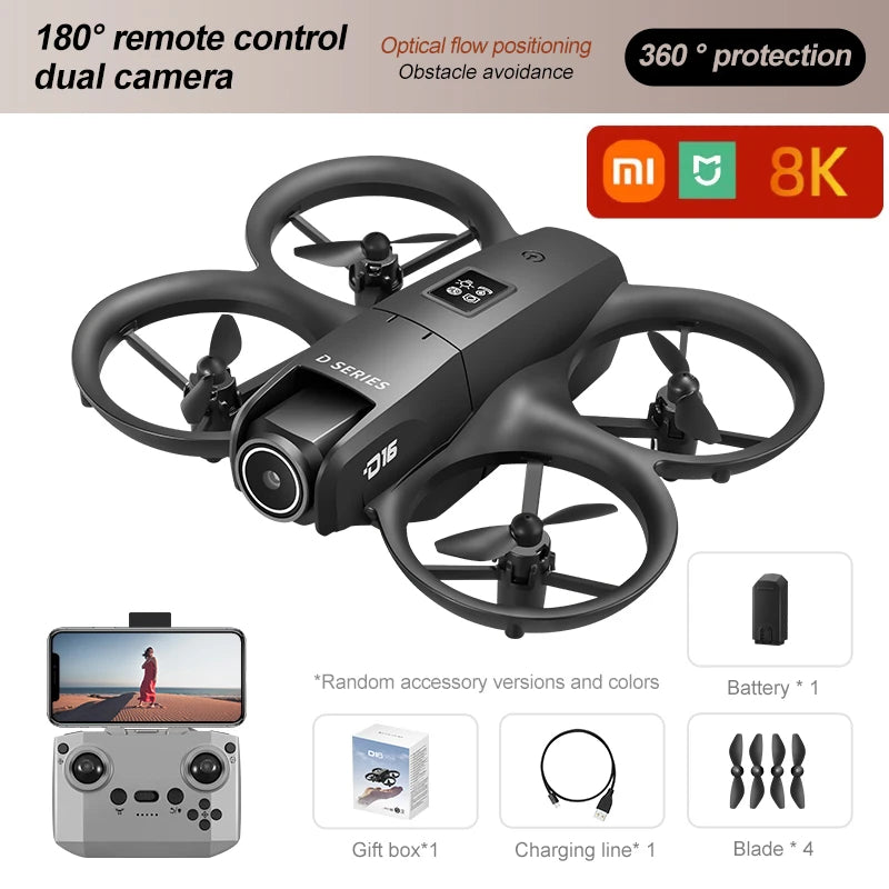 Mini drone Xiaomi D16 com câmera HD 8K ajustável de 180° e WiFi com fluxo de luz, drone de bolso para evitar obstáculos, quadricóptero RC