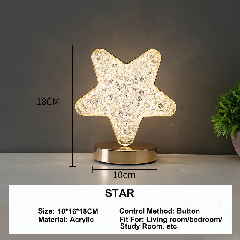 Luz noturna de trilho de cristal 3D com controle de toque para quarto de meninas, lâmpada de mesa ambiente LED USB para decoração de casa e estética