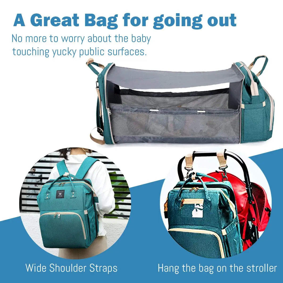 Mochila para fraldas 3 em 1, dobrável, para berço de bebê, à prova d'água, com carregador USB, mochila para fraldas e trocador, 3 tipos