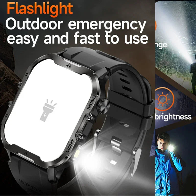 Novo relógio inteligente militar Xiaomi 2024 para homens, esportes ao ar livre, lanterna, fitness, monitor de saúde, 1,96" BT Call Smartwatch