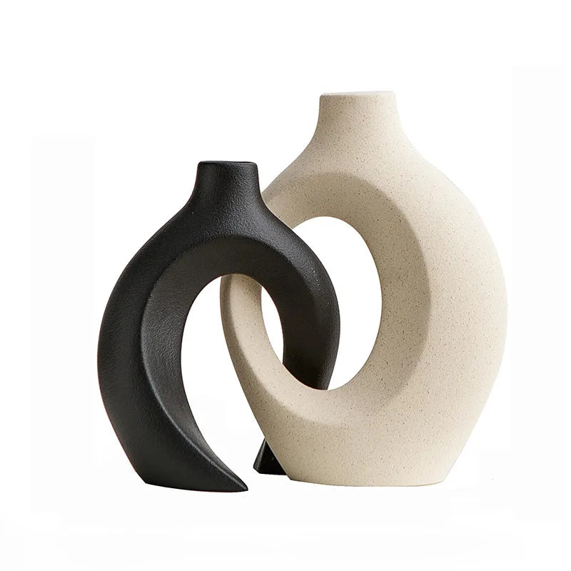 Vaso de cerâmica vazado, 2 para decoração moderna de casa, vaso estilo donut boho, vaso decorativo minimalista preto e branco