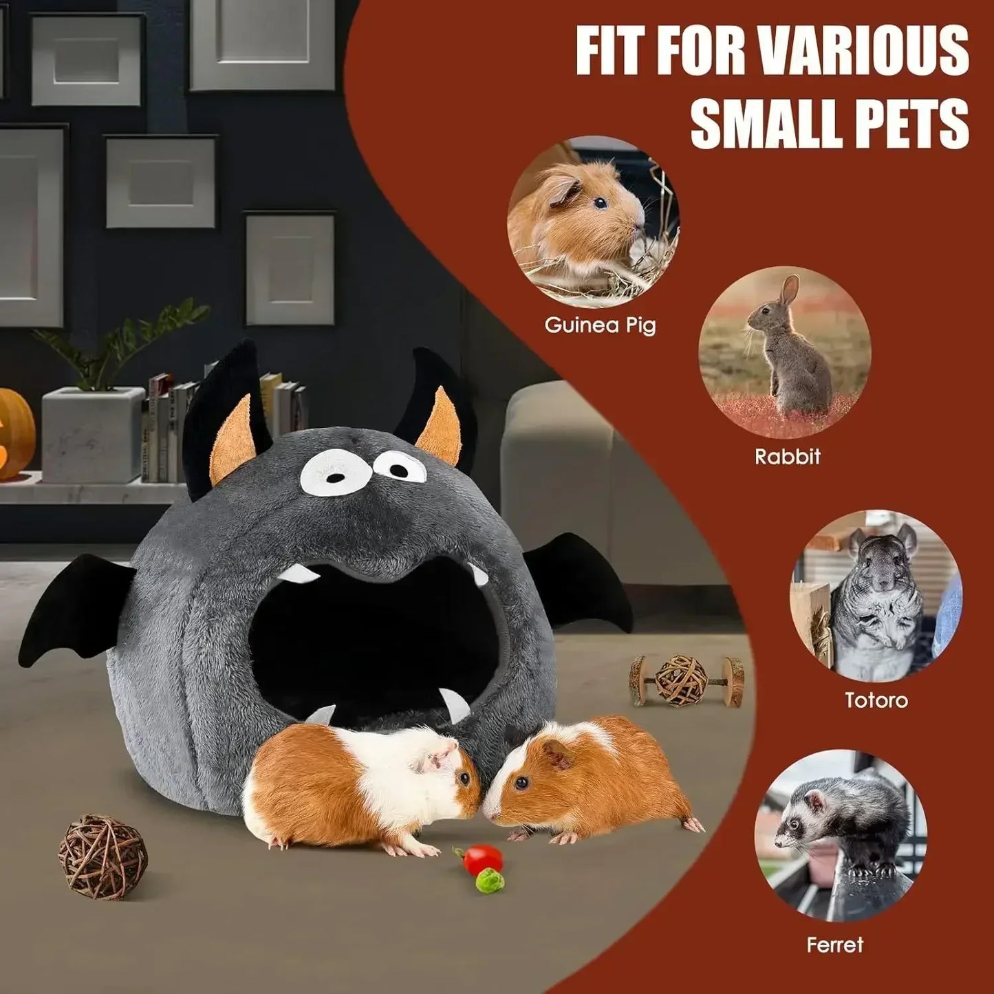 Cama aconchegante 2 em 1 para hamster, ninho de Halloween em formato de morcego, para hamsters, porquinhos-da-índia, coelhos e pequenos animais de estimação, cama de poliéster macia e confortável