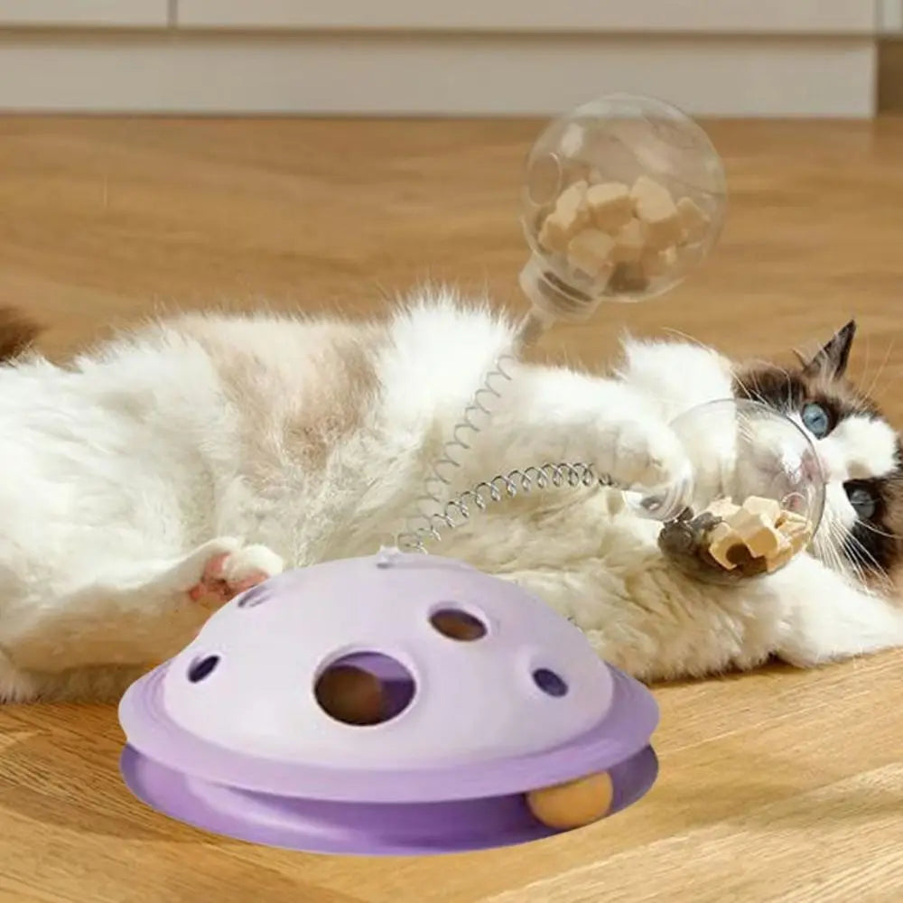 Bola de comida de plástico para gatos, brinquedo interativo com haste de mola, bola de brinquedo giratória destacável para gatos