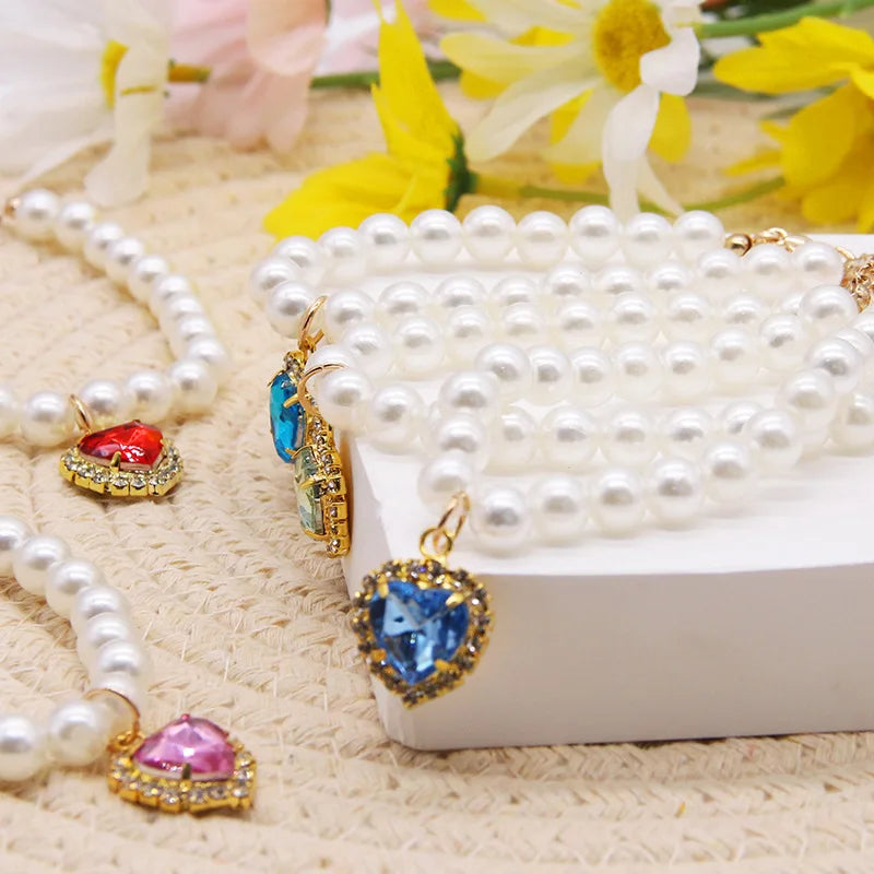 Pet Pearl Adjustable Collar Cat Jewelry Pendant Princess Gem Necklace Dog Sweet Decorations Puppy Rhinestone Collar Accesorios
