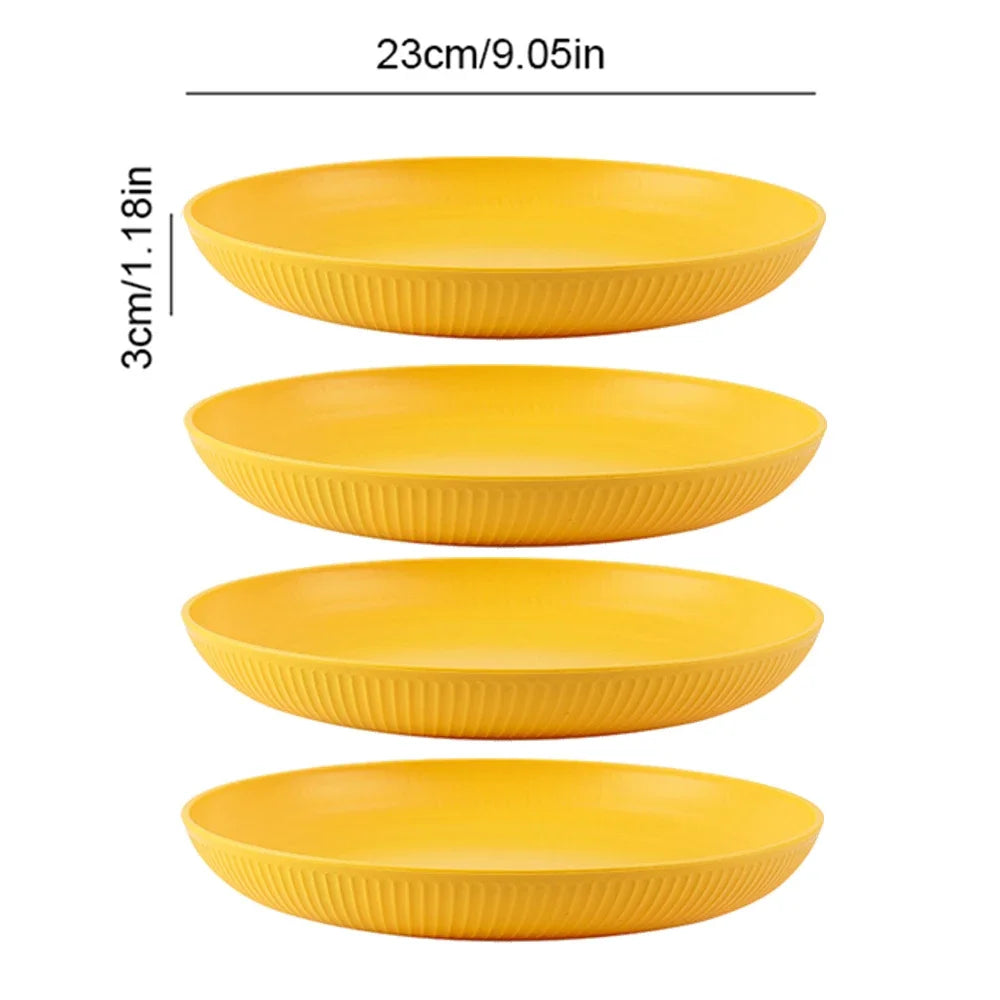 Prato redondo de 23 cm para salada, sobremesa, jantar, empilhável, inquebrável, reutilizável, 4 peças, canudo de trigo, próprio para micro-ondas, prato de frutas para jantar