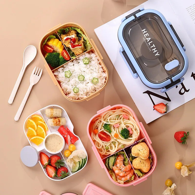 Lancheira de camada dupla 1200ml, compartimento portátil, caixa de alimentos para frutas, salada, micro-ondas, garfo e colher, caixa de piquenique para alimentos frescos