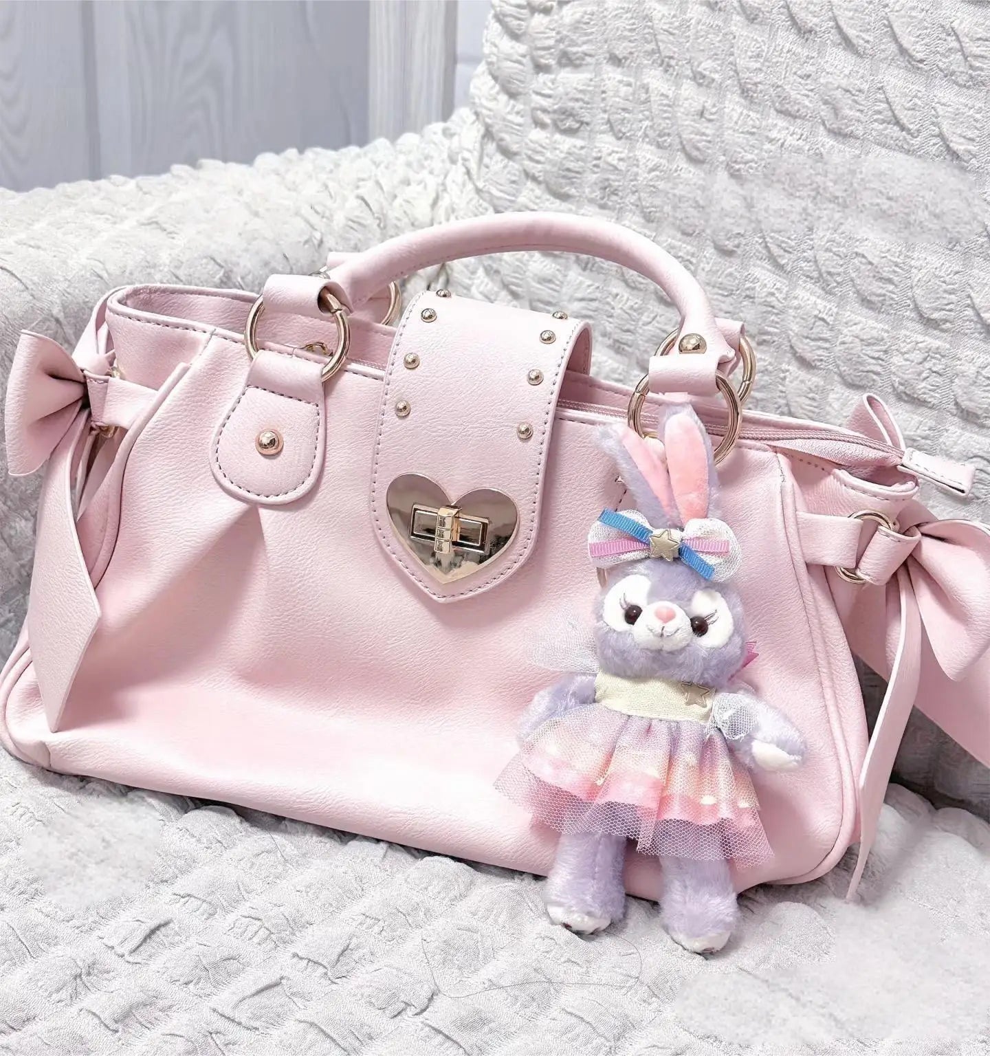 Bolsa de mão rosa com laço doce Lolita, bolsa feminina Harajuku Love Heart, bolsa transversal macia, bolsa de ombro feminina Kawaii de grande capacidade