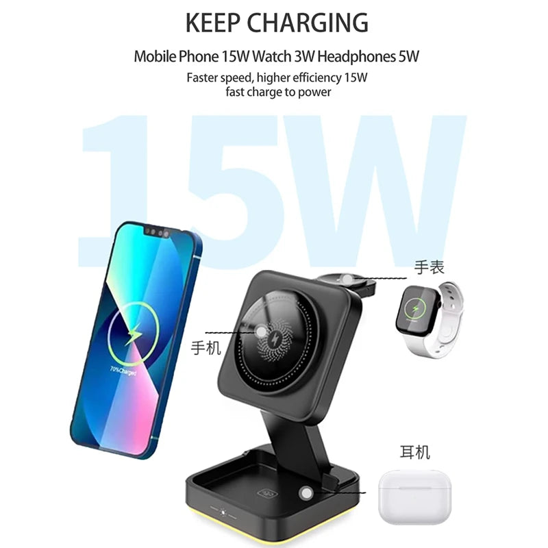 Suporte magnético dobrável 3 em 1 para carregador sem fio para iPhone 16, 15, 14, 13, 12, iWatch 9, AirPods 3 e 2, suporte para estação de carregamento rápido