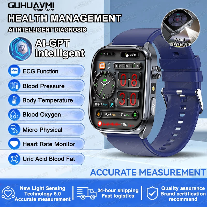 Novo relógio inteligente masculino 2025, pressão arterial, saúde, oxigênio no sangue, ácido úrico, lipídios, rastreador de fitness, relógios Bluetooth, chamada, ECG, smartwatch