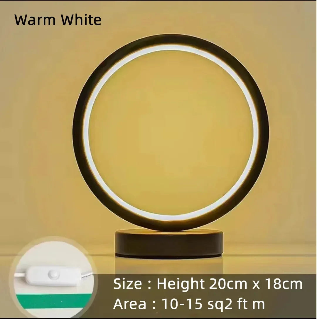 Luminária de mesa circular LED de 20 cm, simples, de cabeceira, para quarto, sala de estar, restaurante, hotel, lâmpada decorativa, luz noturna redonda regulável