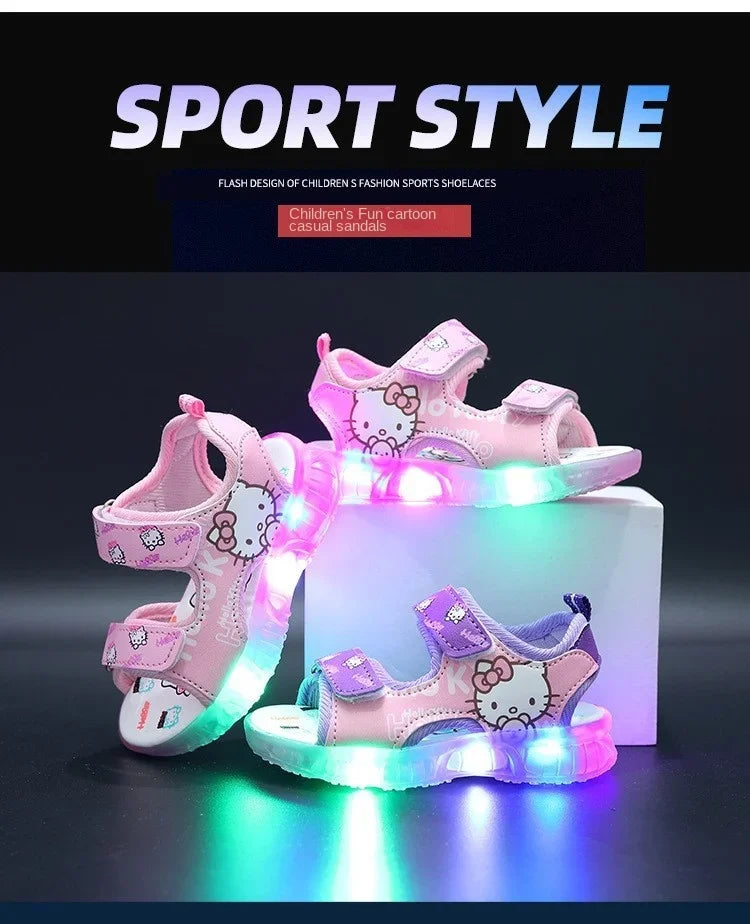 Sandálias infantis com luz LED para bebês meninas, sapatos casuais fofos da Hello Kitty para crianças, calçados antiderrapantes de praia para atividades ao ar livre, verão 2025