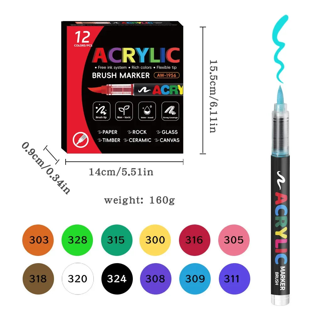 Conjunto de canetas marcadoras acrílicas coloridas, 12 a 48 cores, à prova d'água, para scrapbook, faça você mesmo, ponta de pincel, desenho, tinta, marcador, arte, material escolar, papelaria