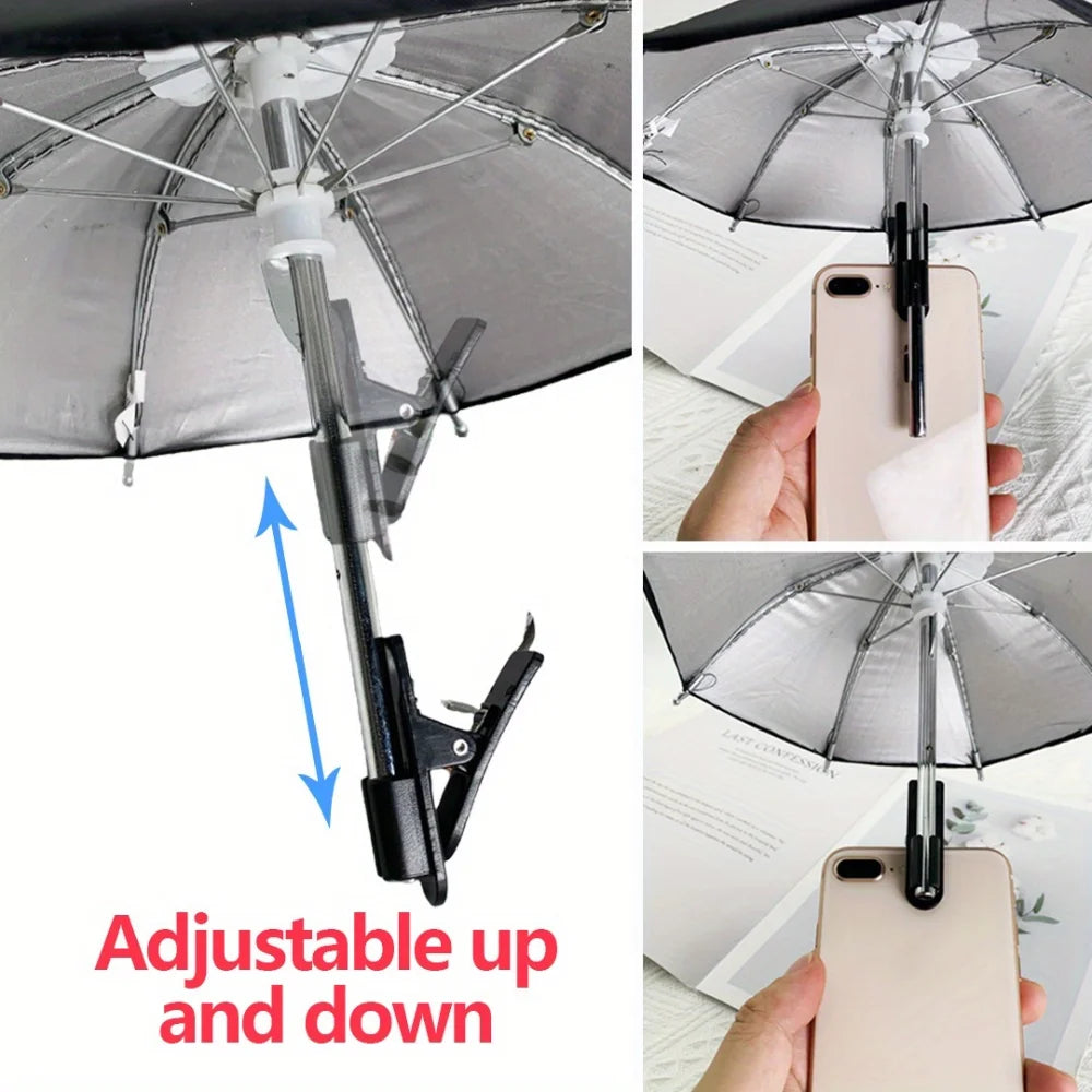 Suporte para celular de 27 cm, mini guarda-chuva criativo para ciclismo ao ar livre, protetor solar, acessório portátil para chuva ao ar livre
