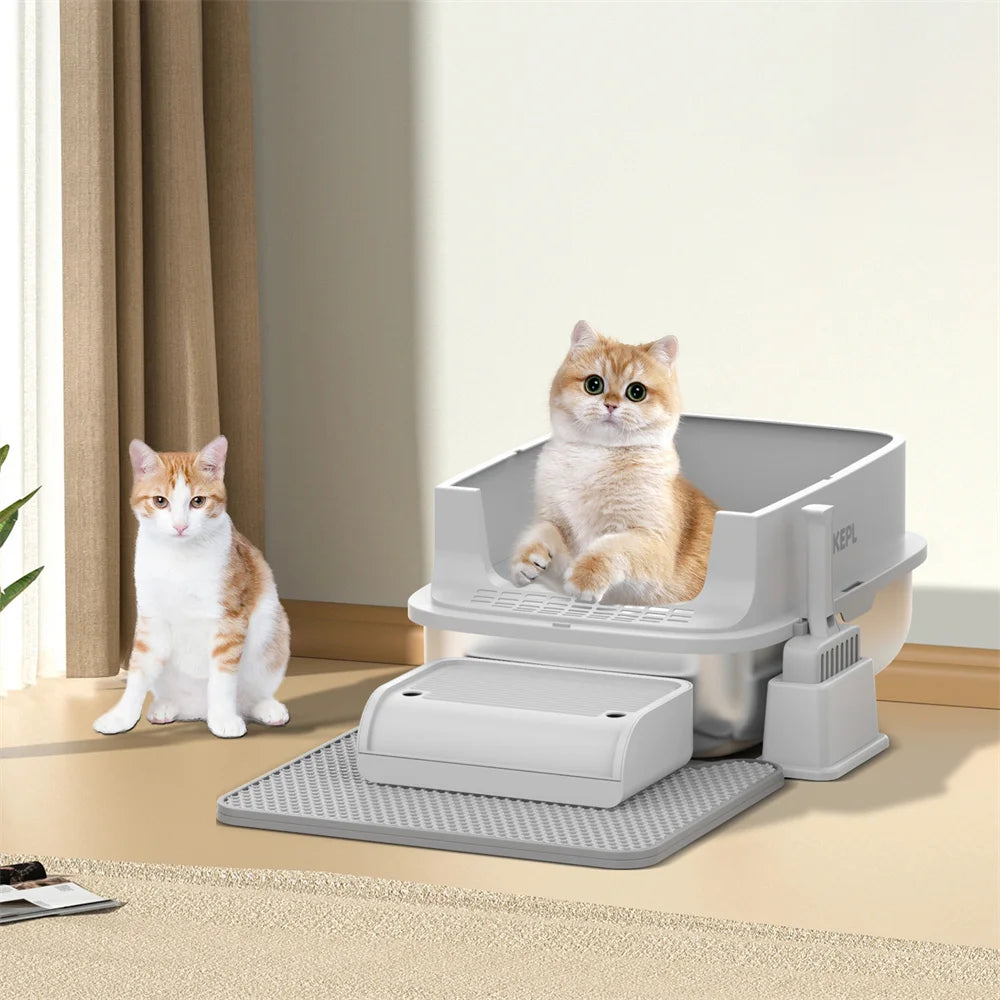 Caixa de areia para gatos de aço inoxidável com tampa, caixa de areia de metal extra grande para gatos grandes, com laterais altas e pá, fácil de limpar