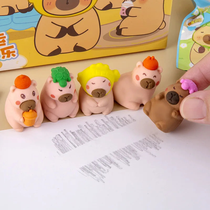 32 unidades/caixa bolsa surpresa de capivara fofa com desenho animado borracha material de papelaria para estudantes atacado