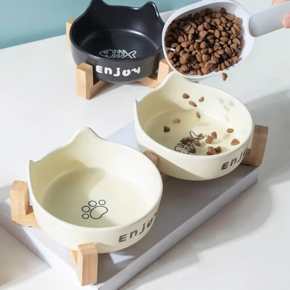 Tigela de cerâmica para animais de estimação, tigela fofa simples/dupla, bacia de alimentação para cães, grande capacidade com suporte, alimentador para animais de estimação, proteção para o pescoço