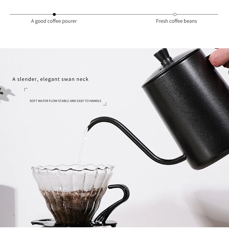 Chaleira de gotejamento de 350ml e 600ml, bule de café e chá, revestimento antiaderente, aço inoxidável de qualidade alimentar, chaleira de gotejamento com pescoço de cisne, boca fina