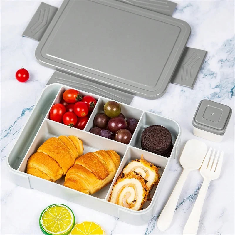 Lancheira Bento para adultos de 1330 ml, recipientes para alimentos com 6 compartimentos e utensílios de mesa para lanches, trabalho, escola, forno de micro-ondas, aquecimento
