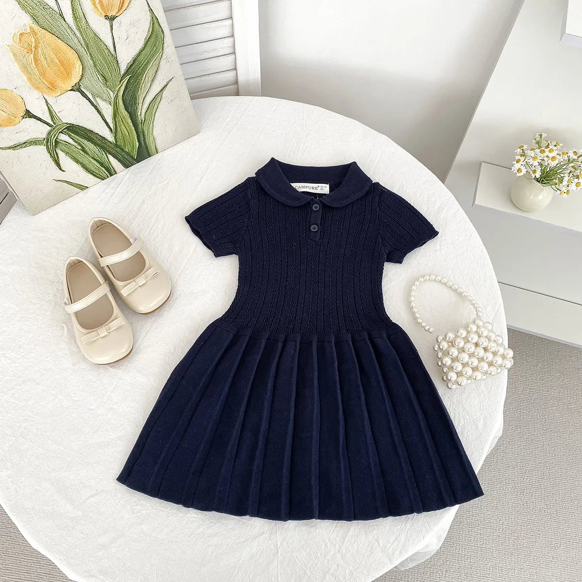 1-5Y Kids Clothes Hollow Out Knit Dress For Kids Girls Kids Knit Pleated Dresses