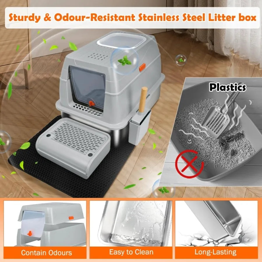XL Stainless Steel Litter Box with Top Exit Design for Large Cats NonStick Surface Prevents Clumping Advanced Activated Charcoa