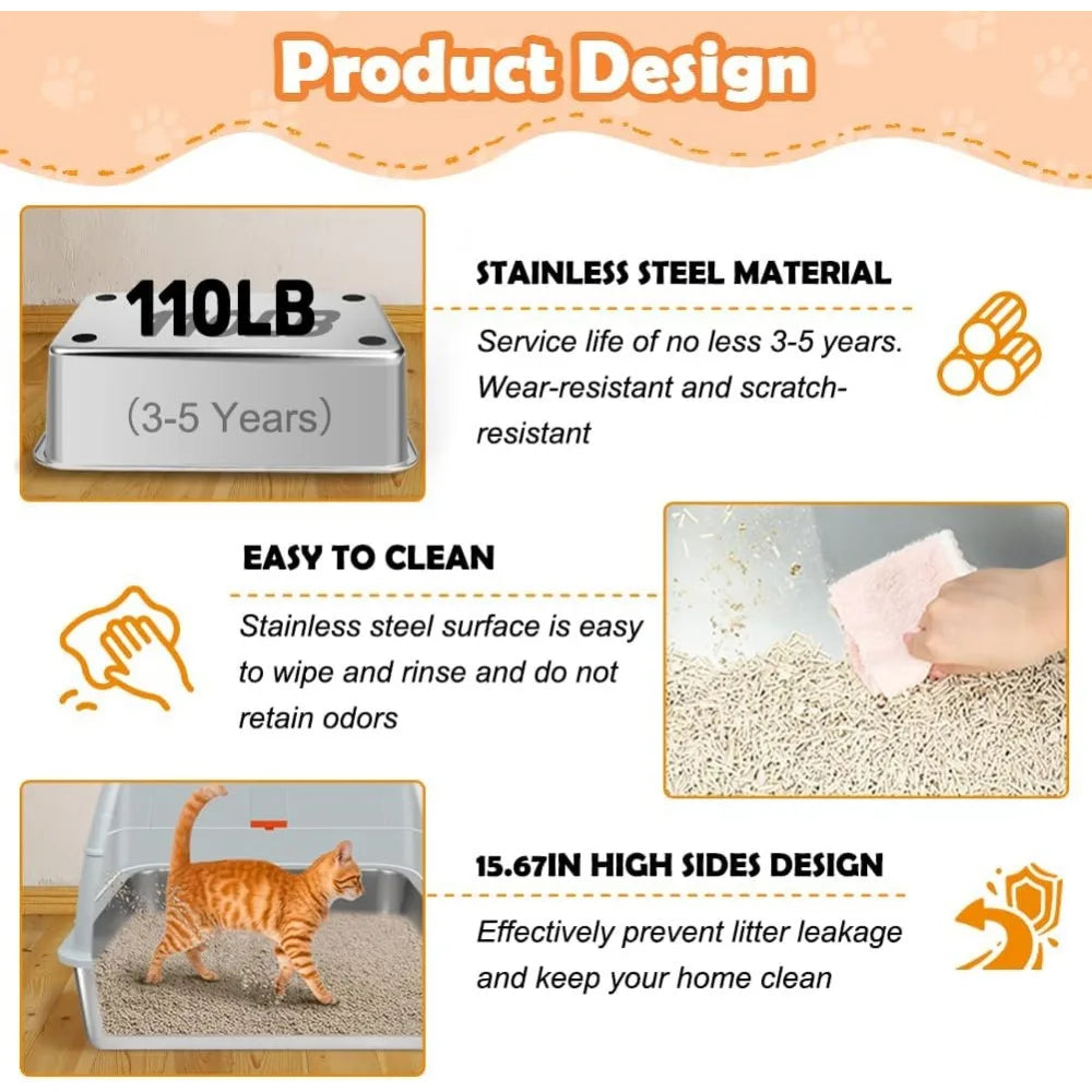 Caixa de areia de aço inoxidável vivificante com tampa, entrada frontal extra grande fechada, caixa de areia extra grande para gatos grandes e gatinhos, saída superior