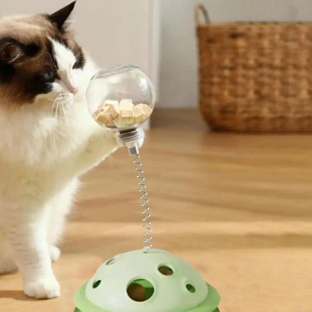 Bola de comida de plástico para gatos, brinquedo interativo com haste de mola, bola de brinquedo giratória destacável para gatos