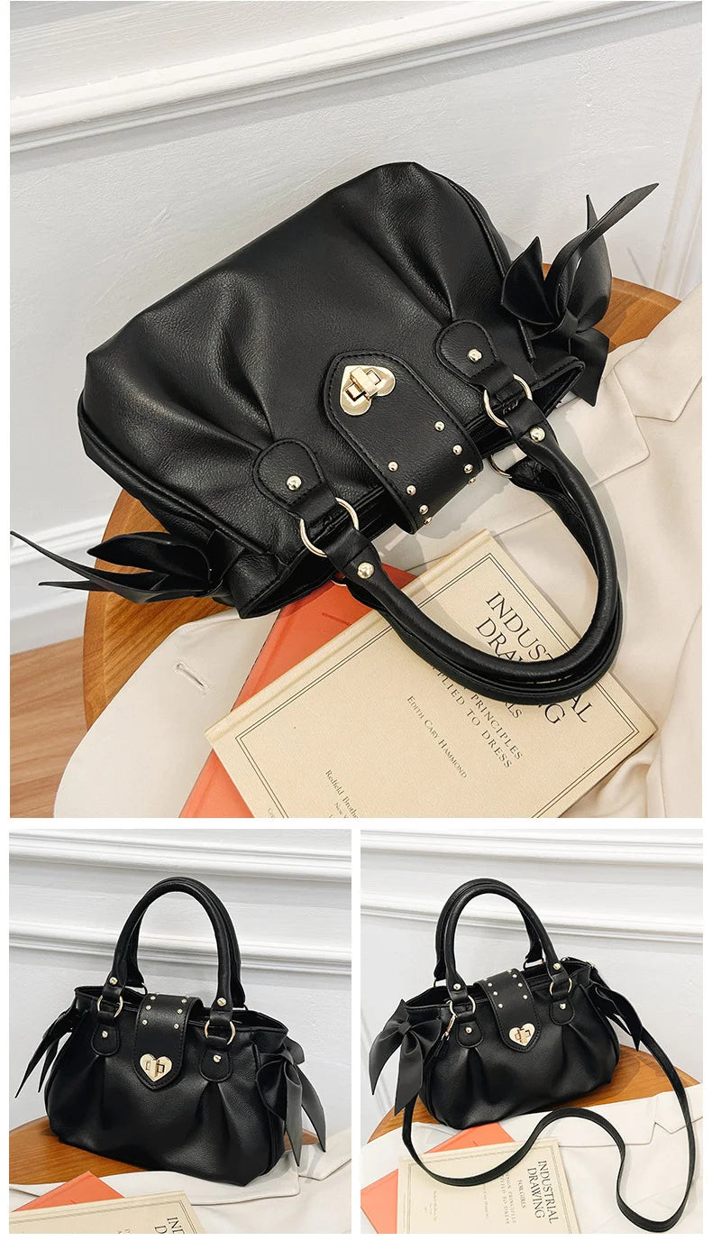 Bolsa de mão rosa com laço doce Lolita, bolsa feminina Harajuku Love Heart, bolsa transversal macia, bolsa de ombro feminina Kawaii de grande capacidade