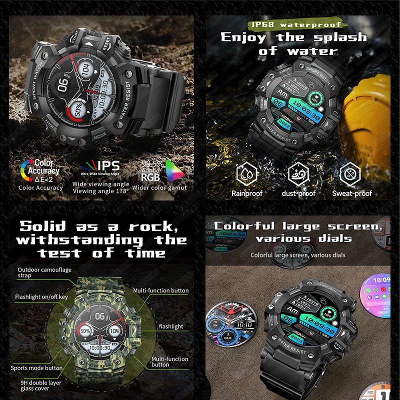 Relógio inteligente esportivo robusto 2025 com Bluetooth, chamadas, relógio inteligente militar à prova d'água e colorido com lanterna SOS COMPASS para telefone