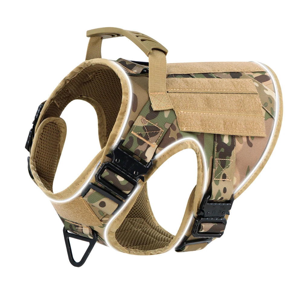 4 fivelas de metal para cães, colete refletivo tático militar para treinamento de animais de estimação, arreios sólidos com alça para cães grandes