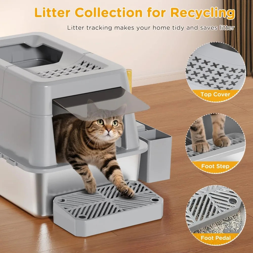 Caixa de areia de aço inoxidável com tampa, caixa de areia de metal fechada extra grande, design modular com tampa articulada, serve para todos os gatos, extra grande com tampa