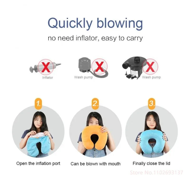 Travesseiro de viagem em formato de U, portátil, preguiçoso, inflável, suporte cervical, curto, pelúcia, itens essenciais para dormir no escritório