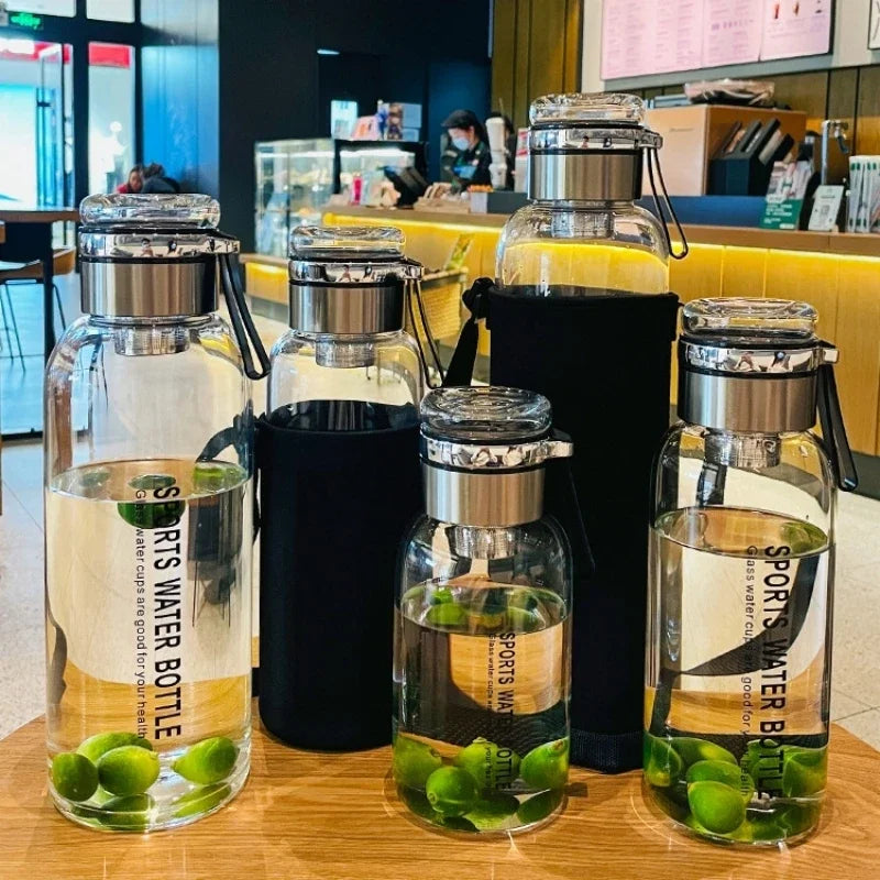 Garrafa de vidro grande de 2L para água, copo transparente para suco de leite, copo portátil à prova de vazamento para bebidas, chá, garrafa de vidro de 2L