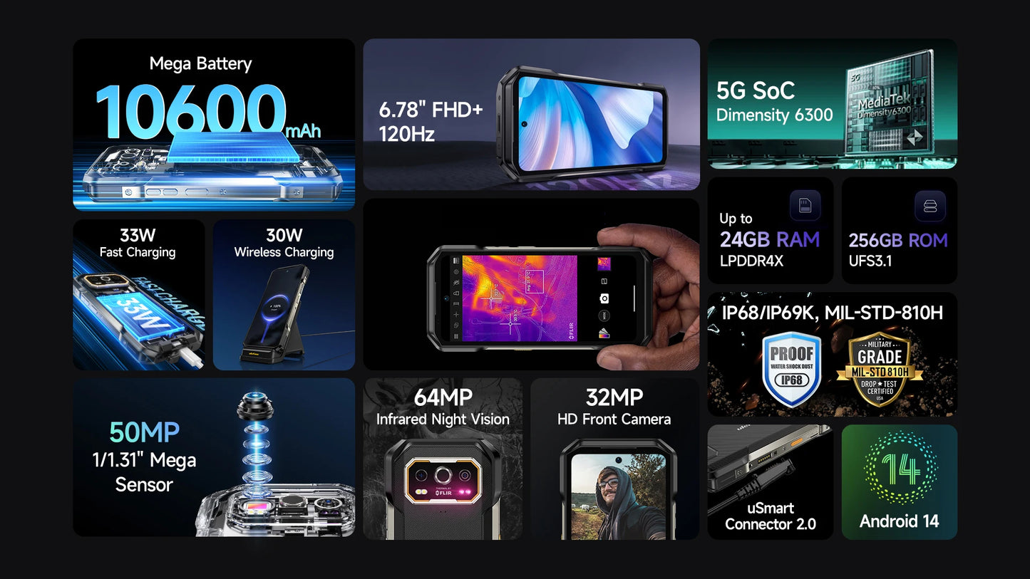 Ulefone Armor 27T Pro 5G, telefone robusto, 10600mAh, Android 14, smartphone com câmera noturna de 50MP+64MP, 6,78" 120Hz, 24GB+256GB NFC