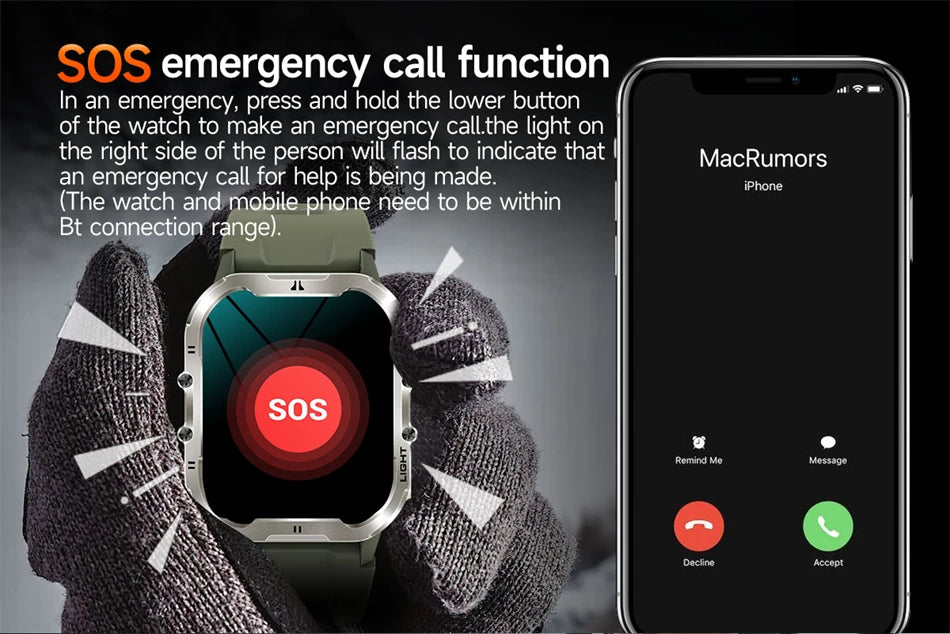 Novo relógio inteligente militar Xiaomi 2024 para homens, esportes ao ar livre, lanterna, fitness, monitor de saúde, 1,96" BT Call Smartwatch
