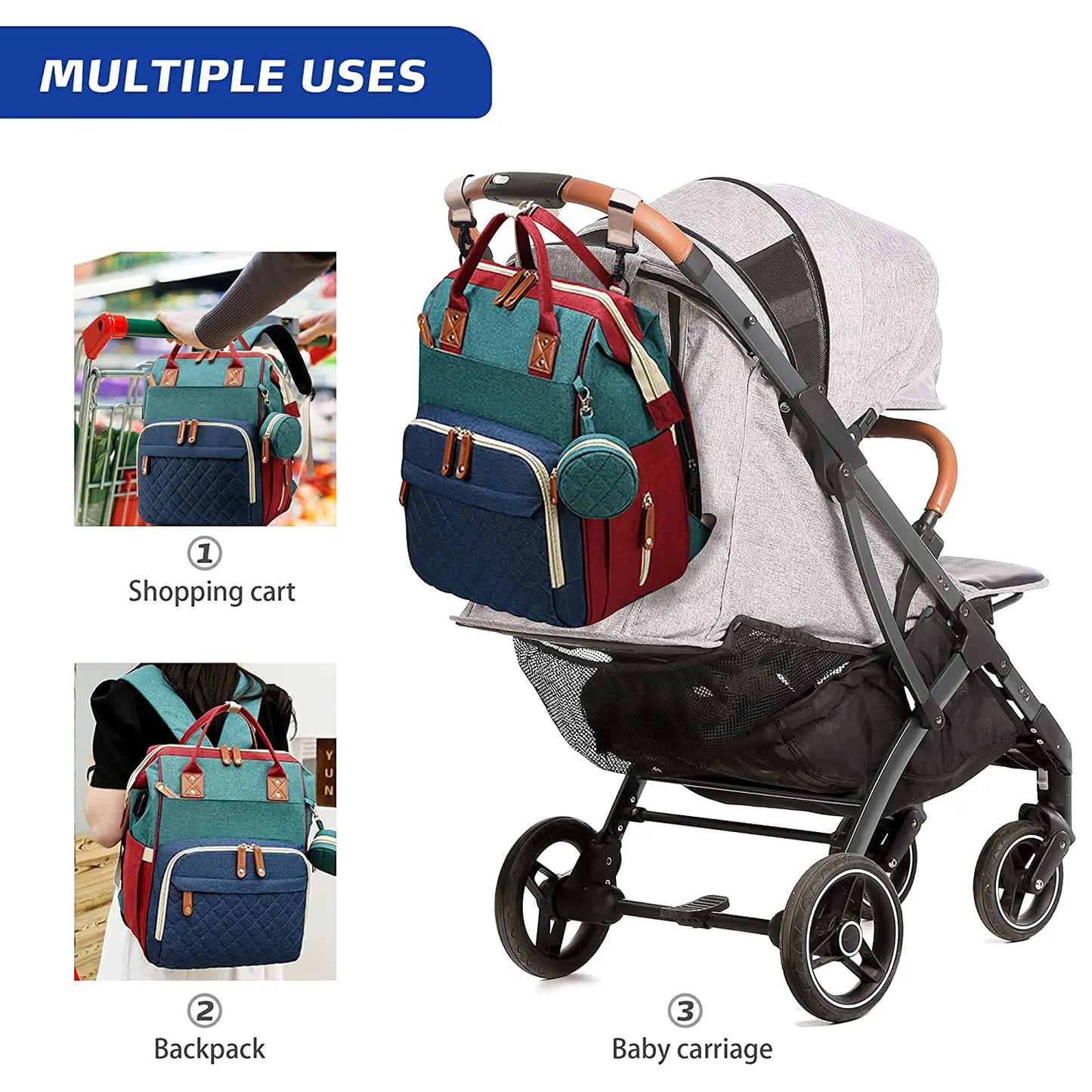 Mochila para fraldas 3 em 1, dobrável, para berço de bebê, à prova d'água, com carregador USB, mochila para fraldas e trocador, 3 tipos