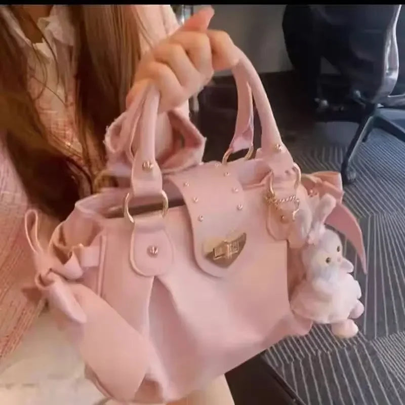 Bolsa de mão rosa com laço doce Lolita, bolsa feminina Harajuku Love Heart, bolsa transversal macia, bolsa de ombro feminina Kawaii de grande capacidade