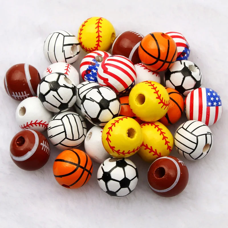 10 peças de contas espaçadoras de beisebol de basquete de 16 mm, bolas redondas de madeira para fazer pulseiras e colares, suprimentos para joias faça você mesmo