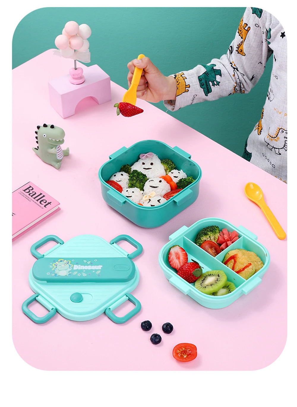Lancheira de unicórnio com 3 grades para crianças, estudantes, sanduíche, frutas, recipiente para armazenamento de alimentos, caixa de bento de desenho animado para acampamento escolar