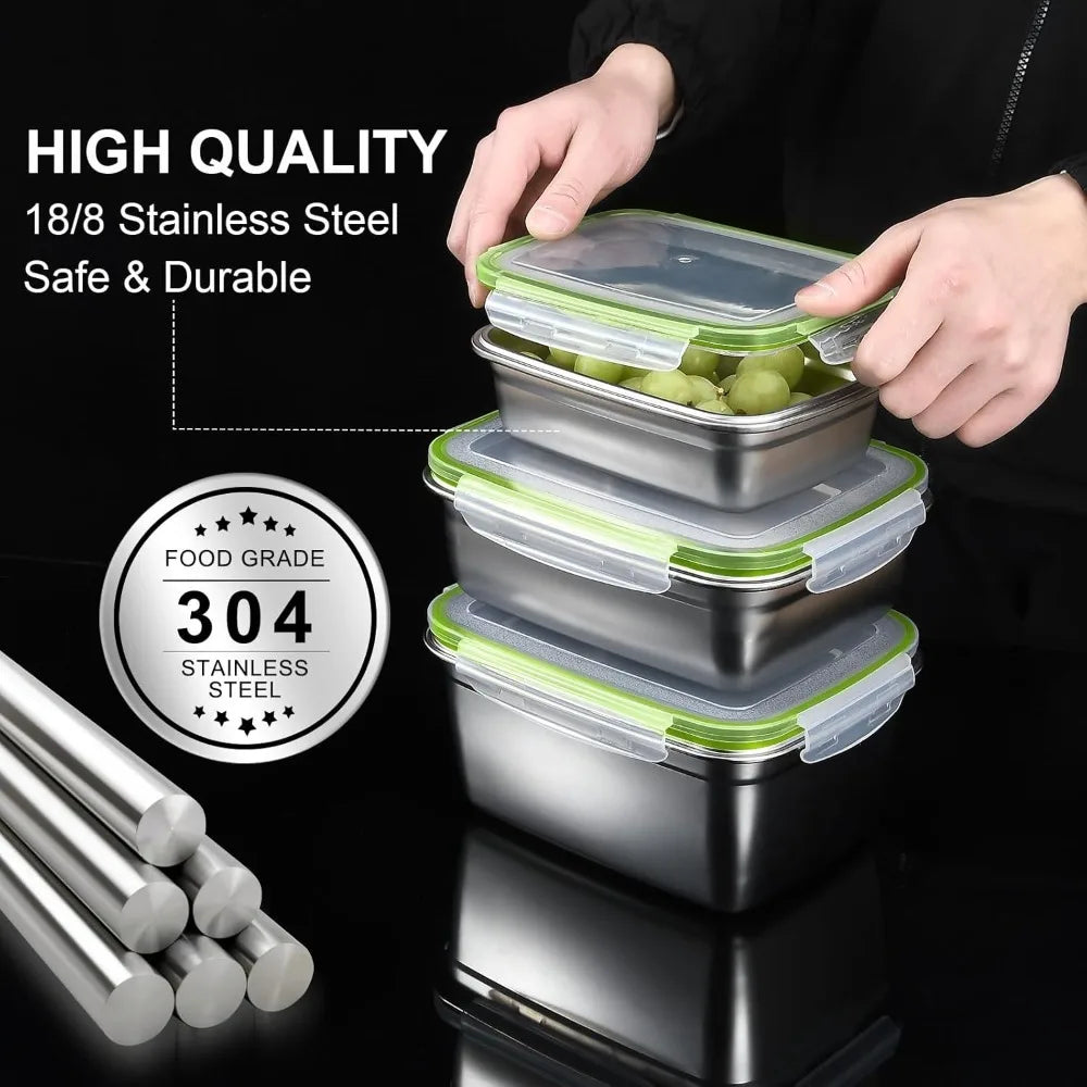 Recipiente para armazenamento de alimentos em aço inoxidável 304, grau alimentício, conjunto de 1/3, lancheira, tampa de silicone à prova de vazamentos, lavável na máquina de lavar louças, caixa Bento