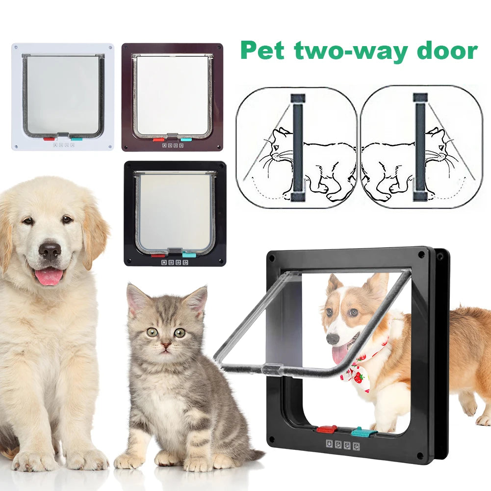 Portão pequeno de plástico ABS para animais de estimação com trava de segurança de 4 vias, porta fina transparente para gatos, porta deslizante para animais de estimação e aba para gatos à prova de intempéries