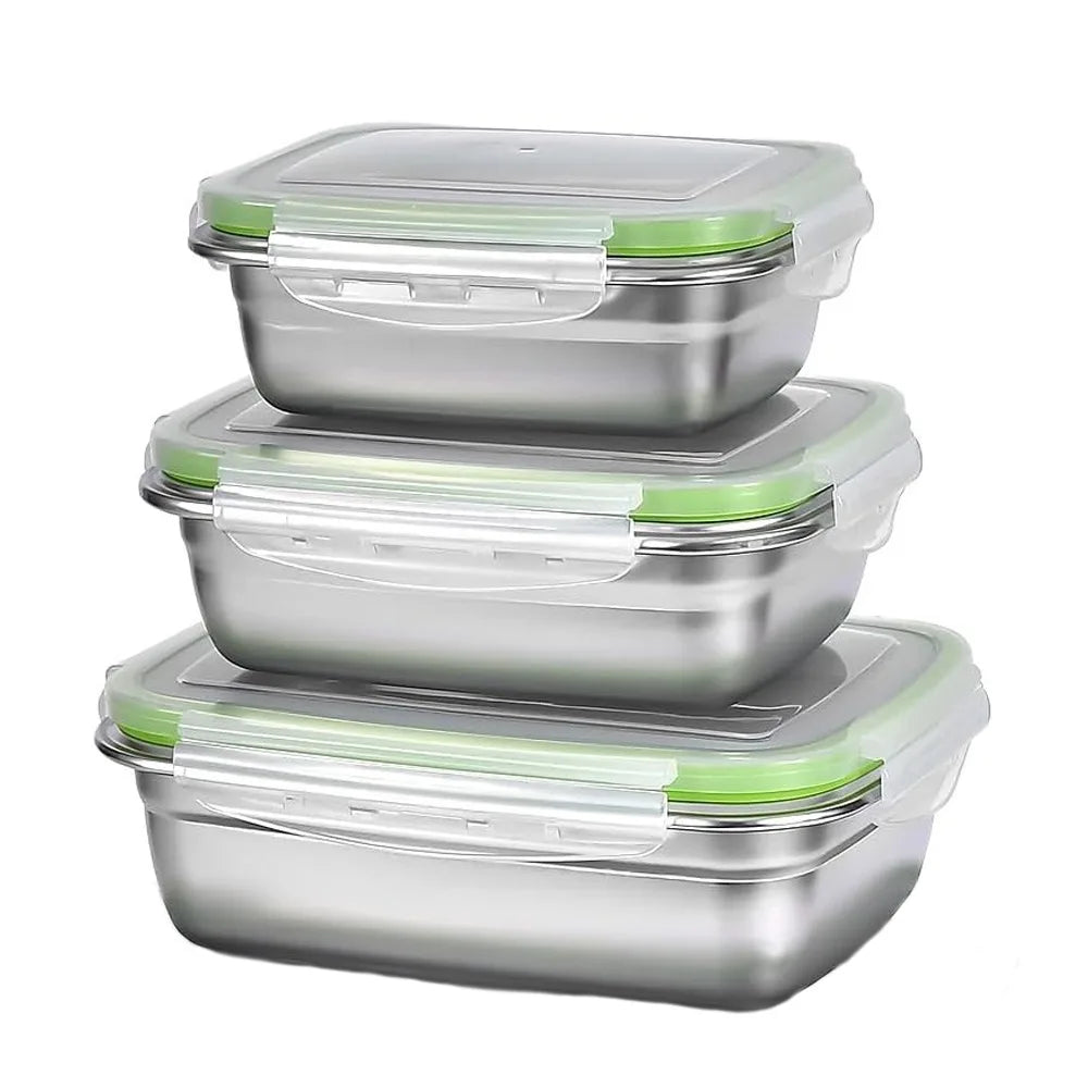 Recipiente para armazenamento de alimentos em aço inoxidável 304, grau alimentício, conjunto de 1/3, lancheira, tampa de silicone à prova de vazamentos, lavável na máquina de lavar louças, caixa Bento