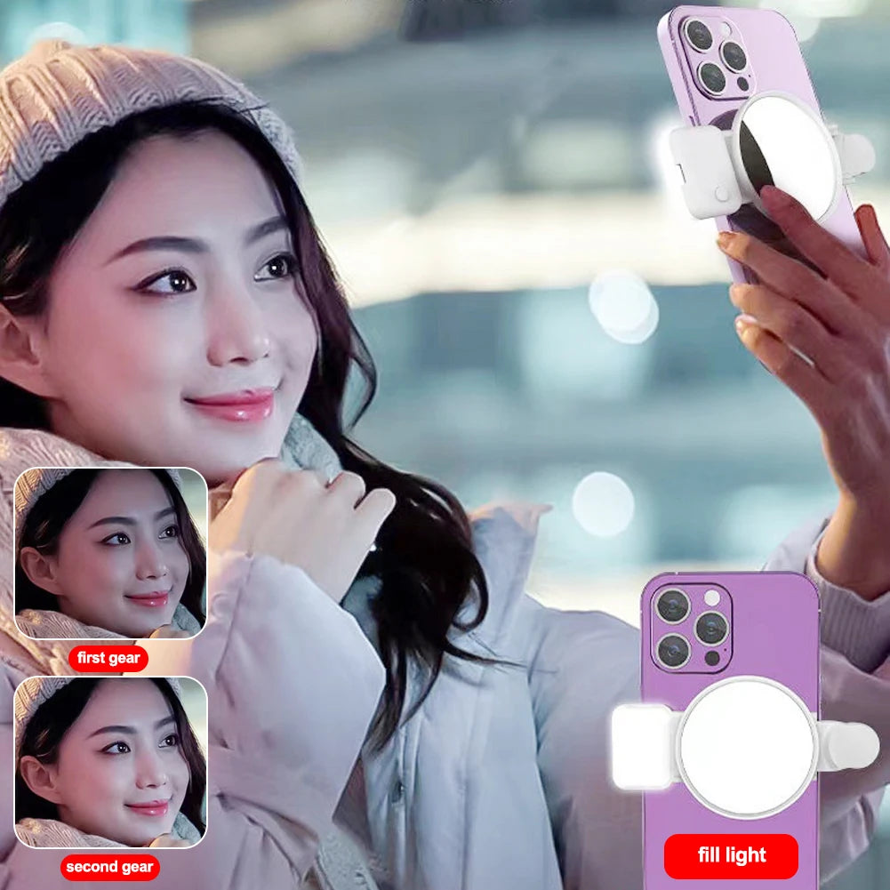 Espelho de anel universal para câmera de celular com luz traseira, refletor para selfies, luz de maquiagem com clipe e bolsa de armazenamento, reflexão HD