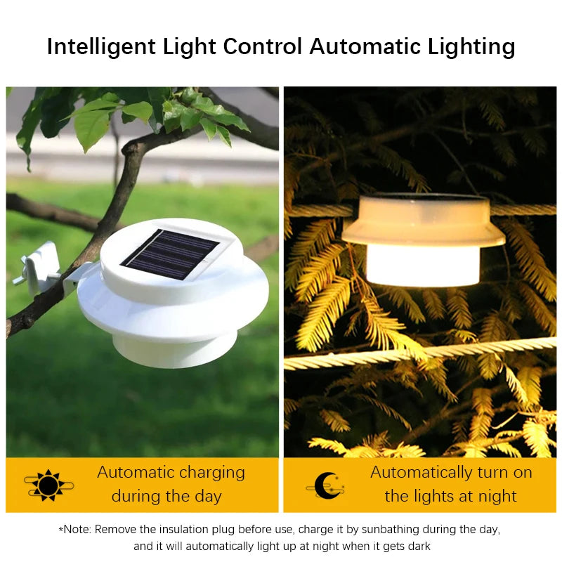Luminária de parede à prova d'água com energia solar 3LED para calha, luz noturna branca e quente para cerca, caminho de jardim, luminária LED decorativa para acampamento