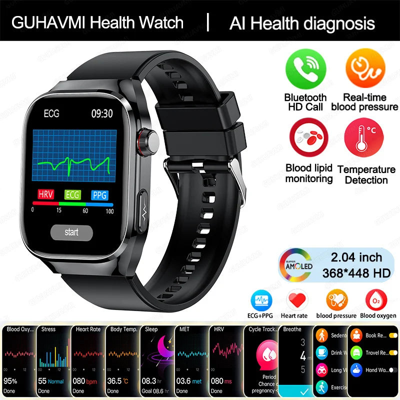 Novo relógio inteligente masculino com diagnóstico de IA e monitoramento de saúde, pressão arterial, ECG, ácido úrico, lipídios, BT Call, relógios inteligentes para HUAWEI