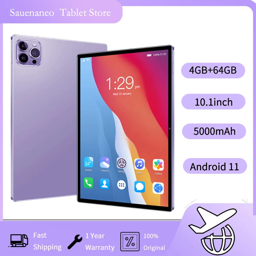 Tablet de 10,1 polegadas mais vendido em 2024 com 4 GB de RAM, 64 GB de ROM, sistema Android 11, reprodutor de músicas, versão global, tablet de 5000 mAh