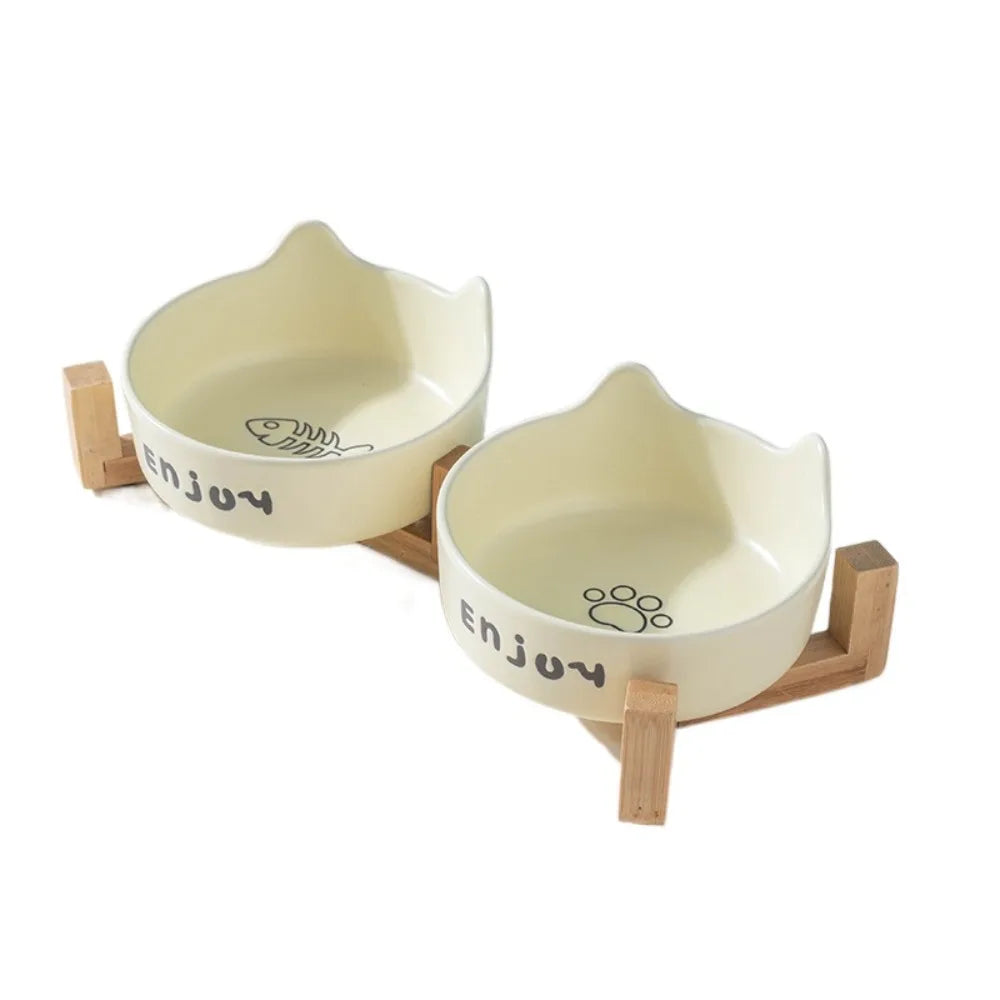Tigela de cerâmica para animais de estimação, tigela fofa simples/dupla, bacia de alimentação para cães, grande capacidade com suporte, alimentador para animais de estimação, proteção para o pescoço